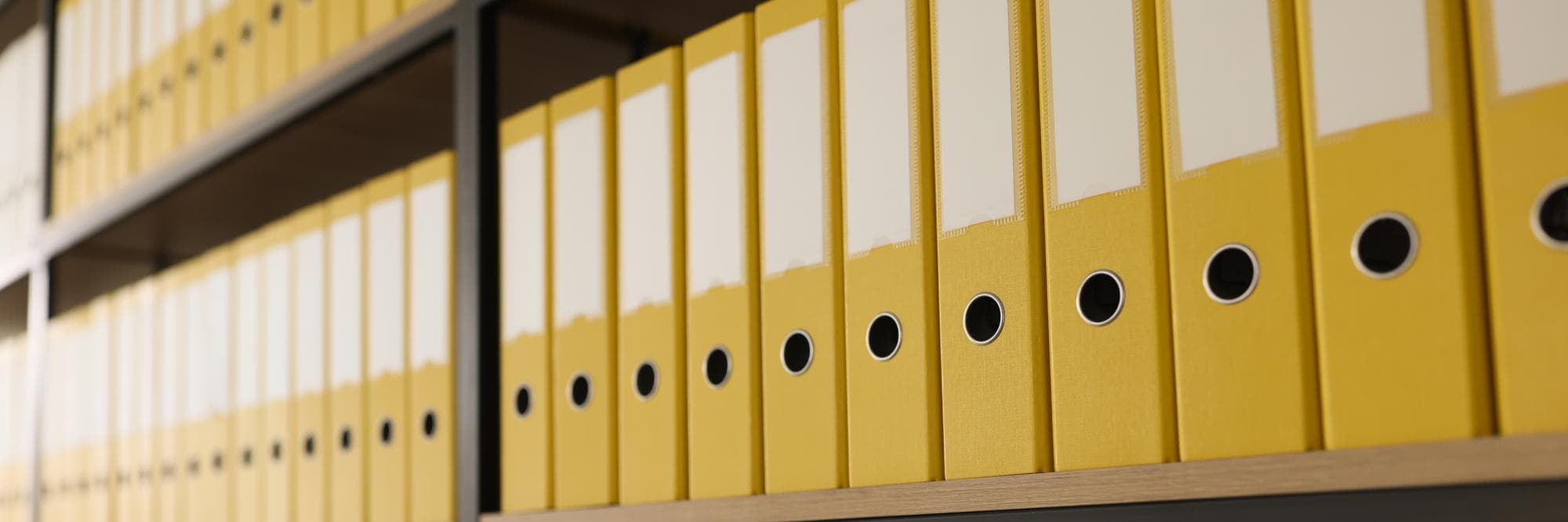 Rows of yellow ring-binder folders on office shelves, the kind an accounting practice keeps client files in