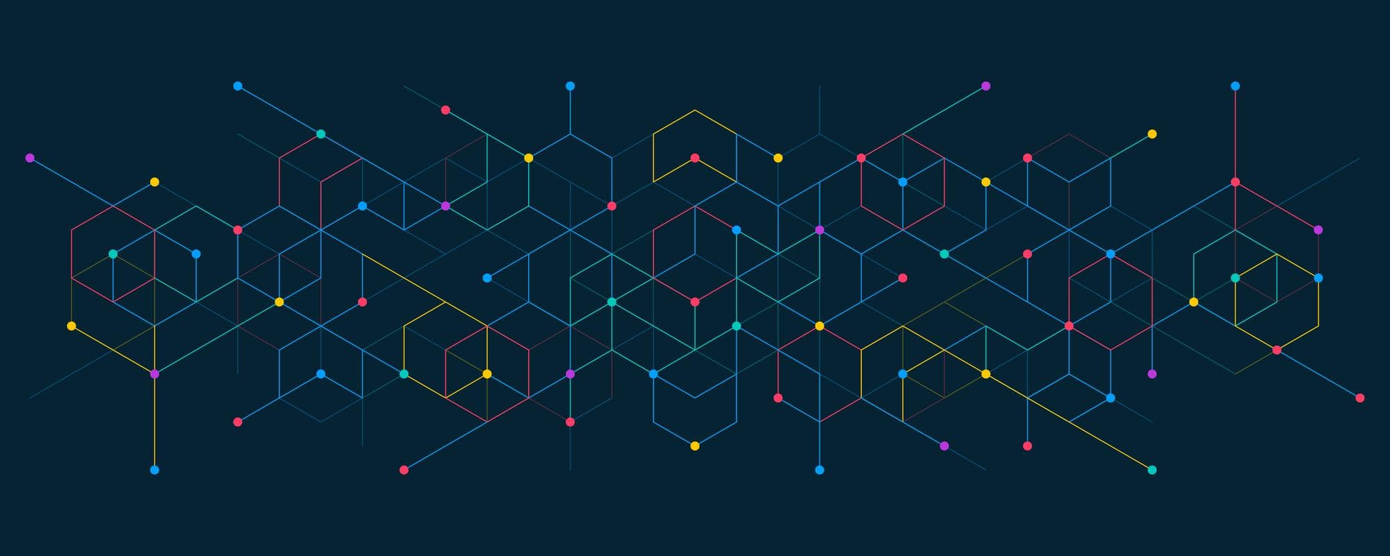 Abstract pattern of connected geometric shapes and dots suggesting nodes and transitions in a state diagram