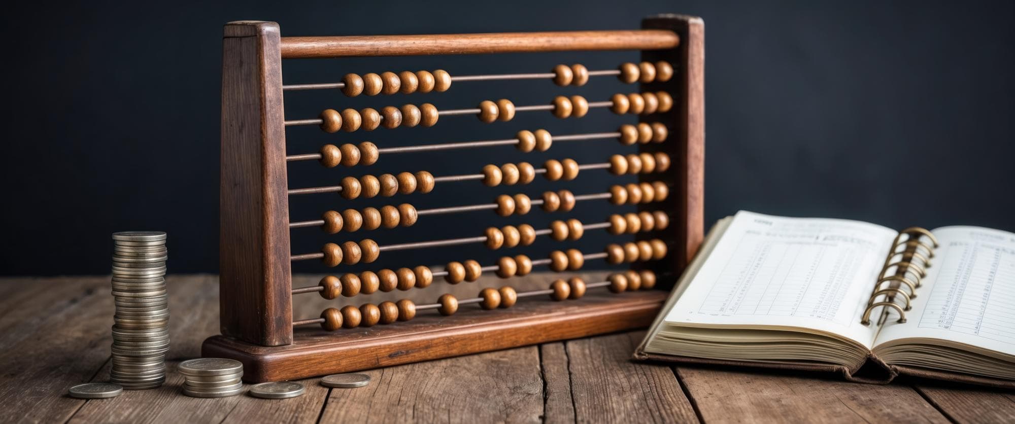 An old wooden abacus with shiny beads next to an accounting ledger on a rustic wooden table