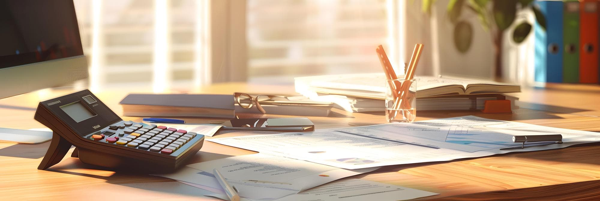 Wooden office desk with paper financial documents stacked next to a calculator and pen in warm afternoon light