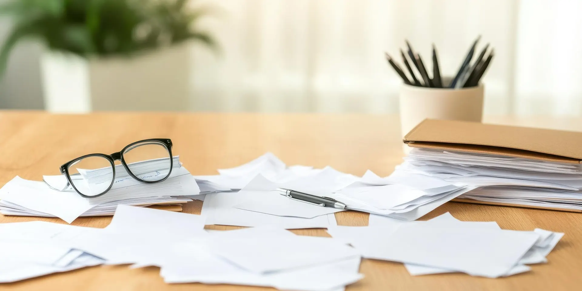 Cluttered wooden office desk piled with paper stacks, reading glasses, and a pen in warm afternoon light