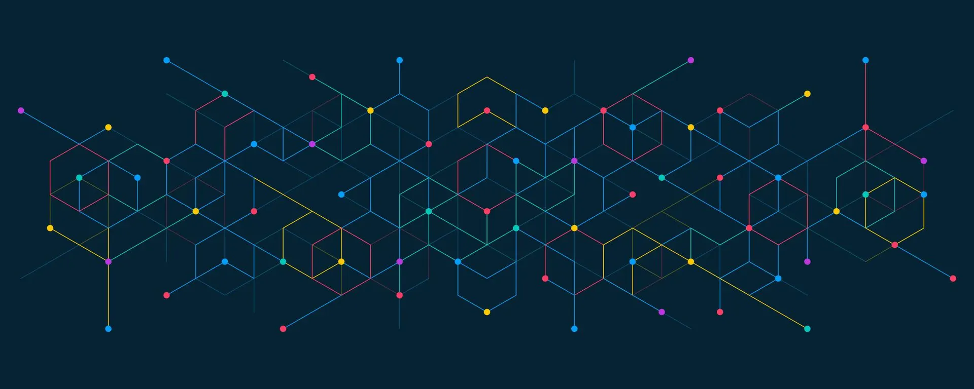 Abstract pattern of connected geometric shapes and dots suggesting nodes and transitions in a state diagram