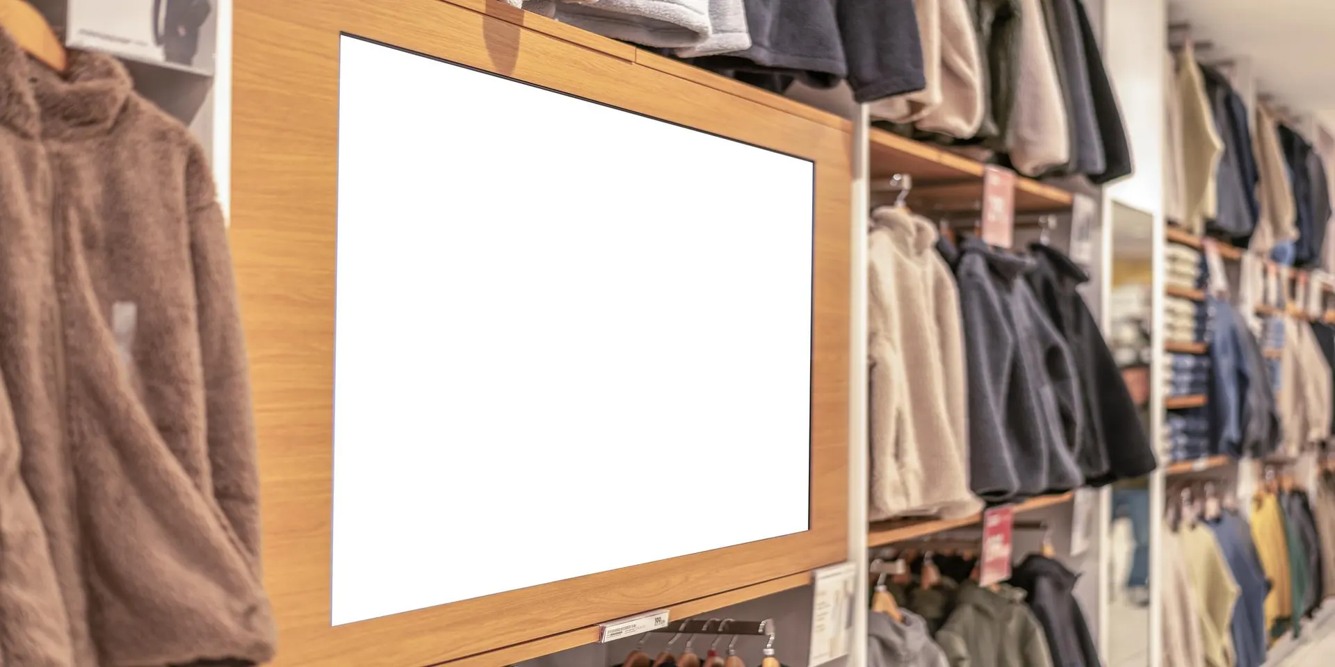 A row of clothing on hangers in a brightly lit mid-market apparel store, with a small handheld price scanner resting on the rail, evoking the operational reality behind a retail AI procurement decision
