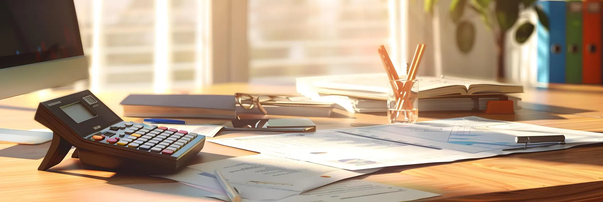 Wooden office desk with paper financial documents stacked next to a calculator and pen in warm afternoon light
